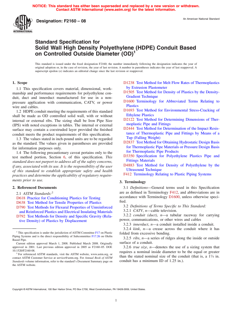 ASTM F2160-08 - Standard Specification for Solid Wall High Density Polyethylene (HDPE) Conduit Based on Controlled Outside Diameter (OD)