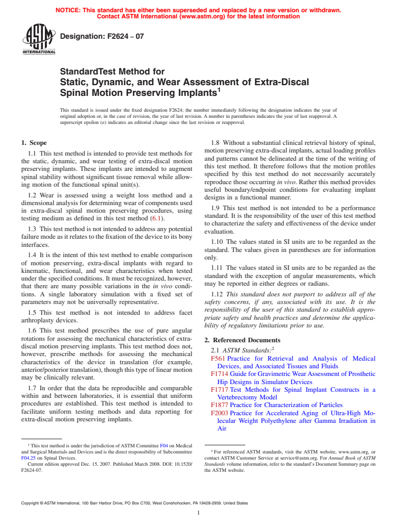 ASTM F2624-07 - Standard Test Method for Static, Dynamic, and Wear Assessment of Extra-Discal Spinal Motion Preserving Implants