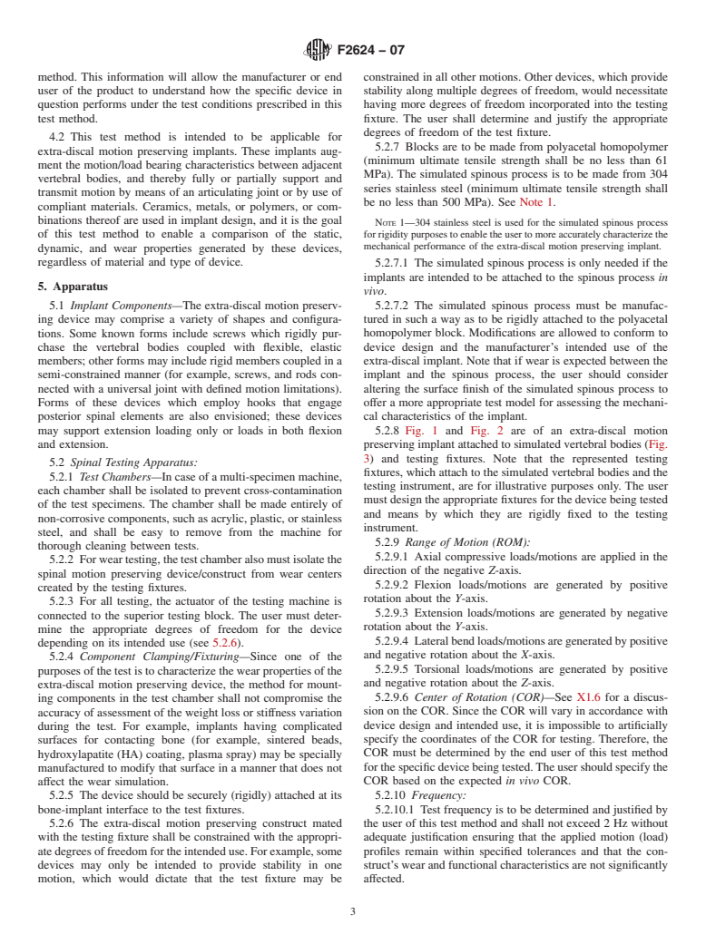 ASTM F2624-07 - Standard Test Method for Static, Dynamic, and Wear Assessment of Extra-Discal Spinal Motion Preserving Implants