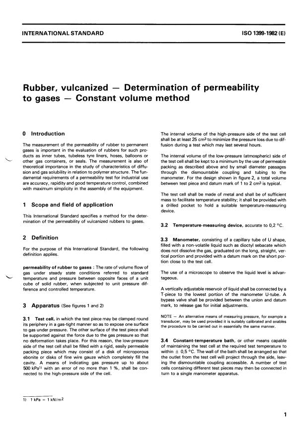 ISO 1399:1982 - Rubber, vulcanized -- Determination of permeability to gases -- Constant volume method