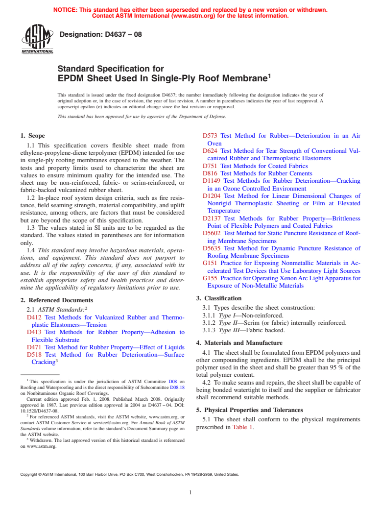 ASTM D4637-08 - Standard Specification for EPDM Sheet Used In Single-Ply Roof Membrane