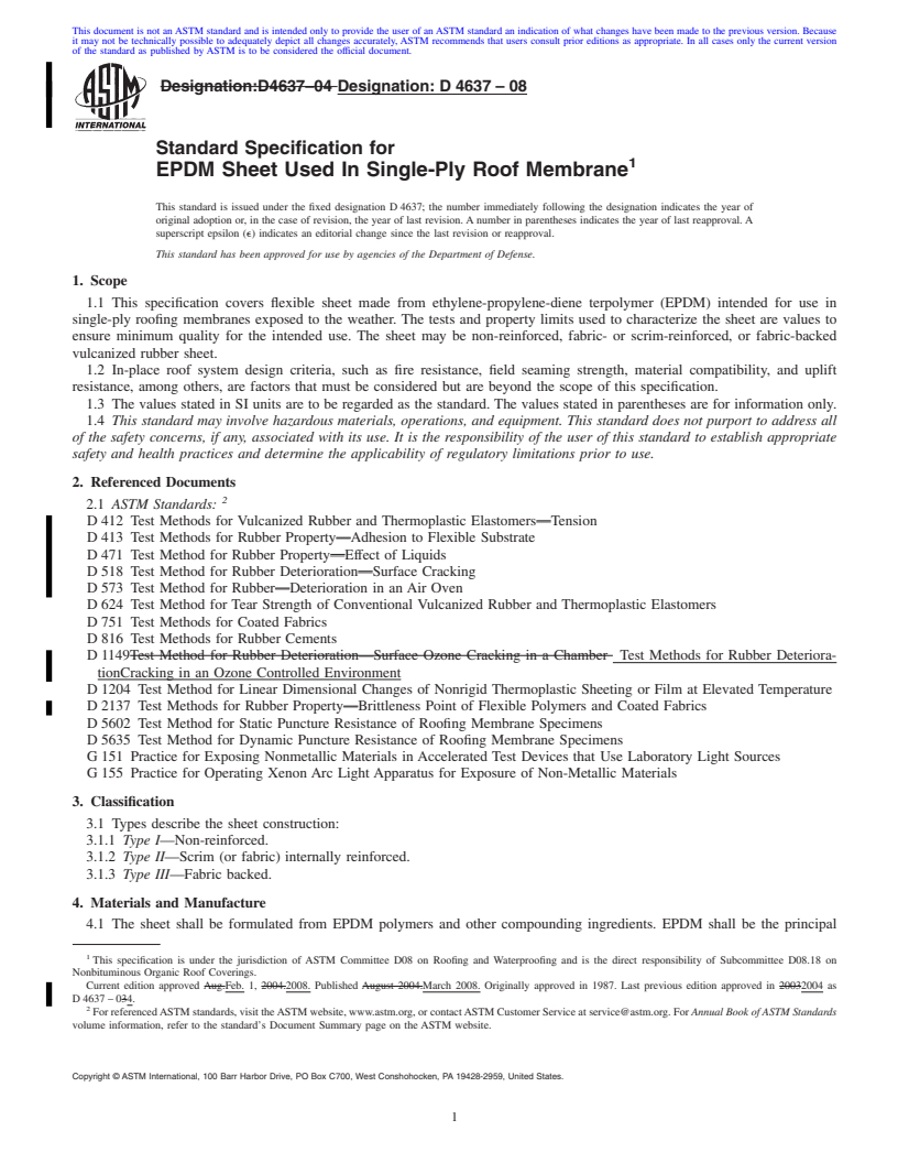 REDLINE ASTM D4637-08 - Standard Specification for EPDM Sheet Used In Single-Ply Roof Membrane