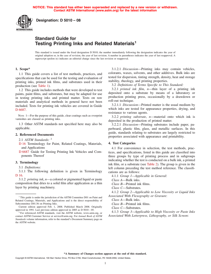 ASTM D5010-08 - Standard Guide for Testing Printing Inks and Related Materials