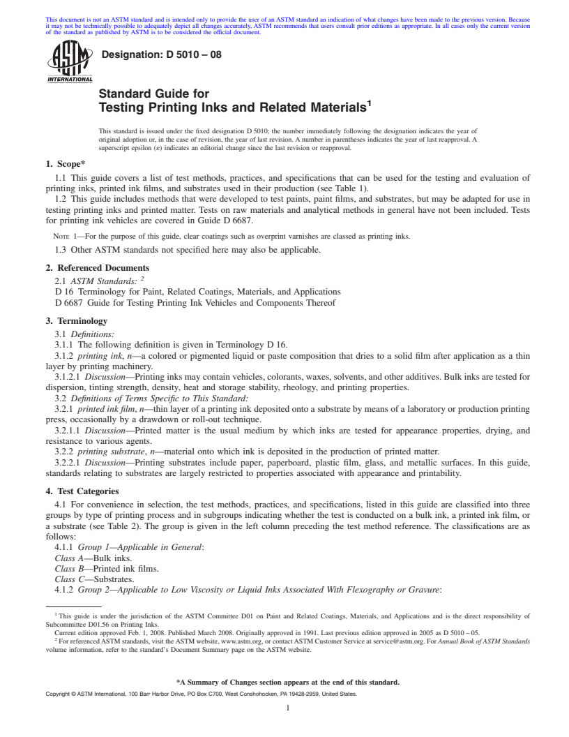 REDLINE ASTM D5010-08 - Standard Guide for Testing Printing Inks and Related Materials