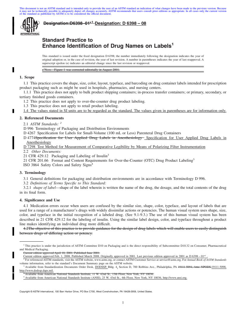 REDLINE ASTM D6398-08 - Standard Practice to Enhance Identification of Drug Names on Labels