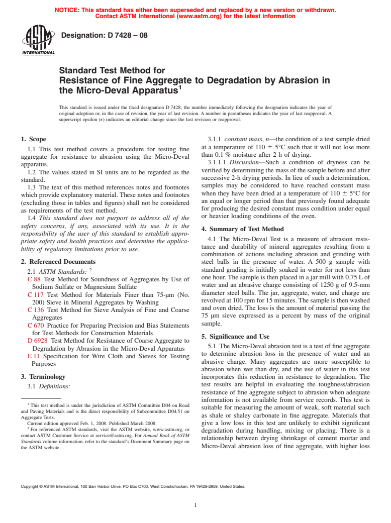 ASTM D7428-08 - Standard Test Method for Resistance of Fine Aggregate to Degradation by Abrasion in the Micro-Deval Apparatus
