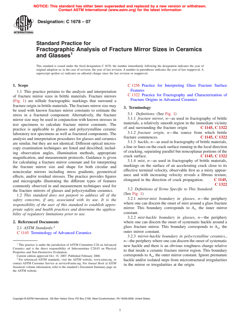 ASTM C1678-07 - Standard Practice for Fractographic Analysis of Fracture Mirror Sizes in Ceramics and Glasses