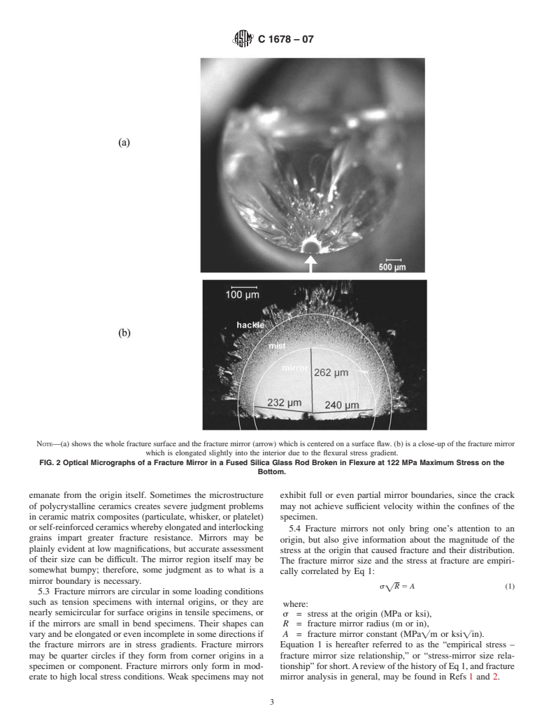 ASTM C1678-07 - Standard Practice for Fractographic Analysis of Fracture Mirror Sizes in Ceramics and Glasses