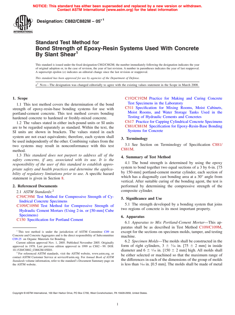 ASTM C882/C882M-05e1 - Standard Test Method for Bond Strength of Epoxy-Resin Systems Used With Concrete By Slant Shear