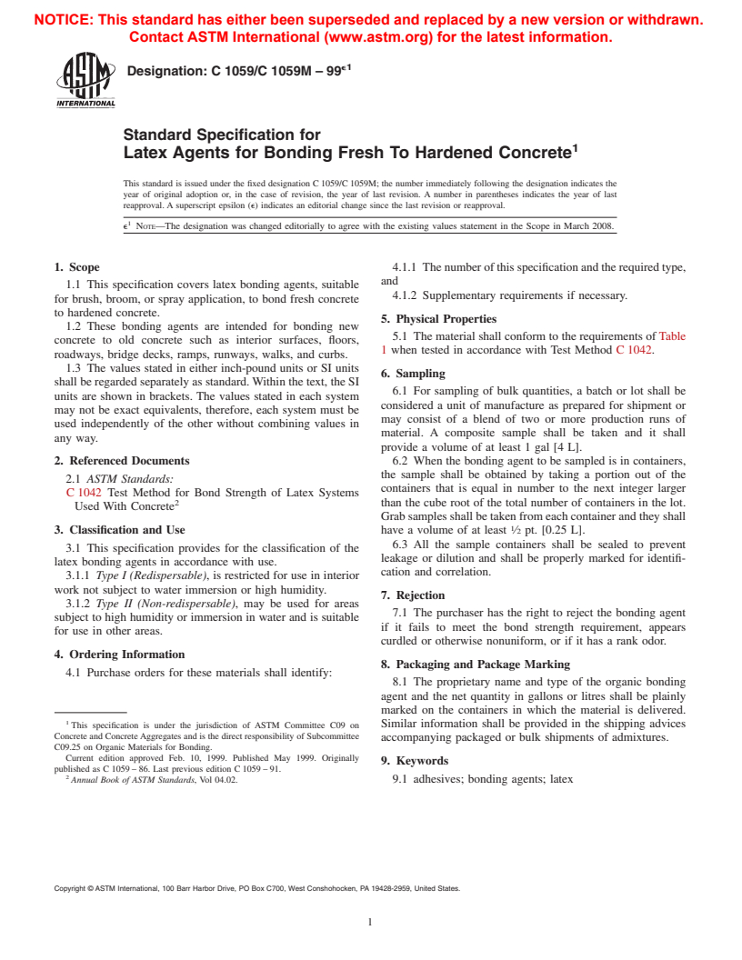 ASTM C1059/C1059M-99e1 - Standard Specification for  Latex Agents for Bonding Fresh To Hardened Concrete