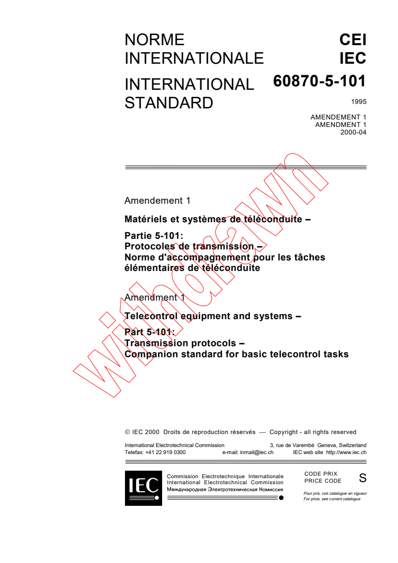 IEC 60870-5-101:1995/AMD1:2000 - Amendment 1 - Telecontrol equipment and systems - Part 5: Transmission protocols - Section 101: Companion standard for basic telecontrol tasks
Released:4/13/2000
Isbn:2831851920