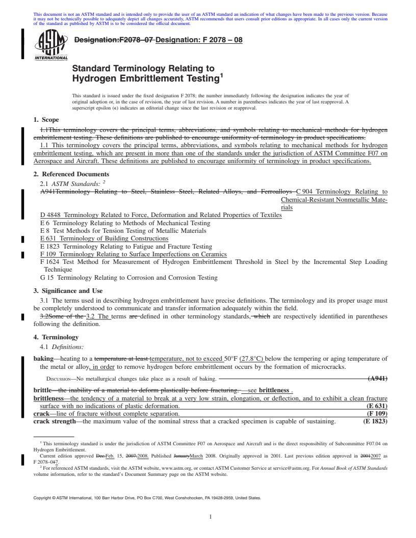 REDLINE ASTM F2078-08 - Standard Terminology Relating to Hydrogen Embrittlement Testing