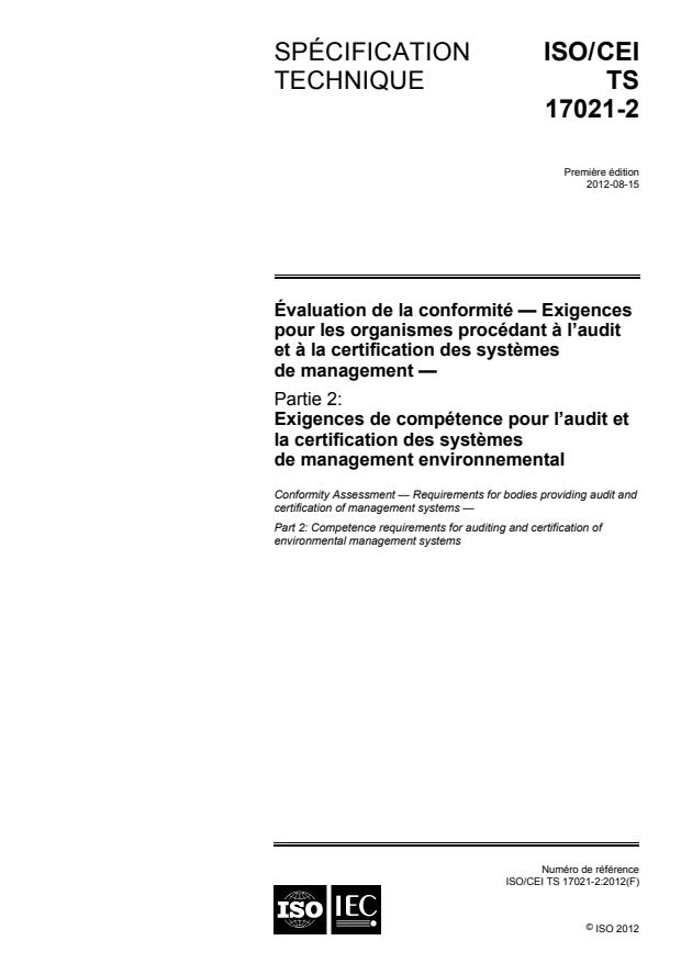 ISO/IEC TS 17021-2:2012 - Évaluation de la conformité -- Exigences pour les organismes procédant a l'audit et a la certification des systemes de management