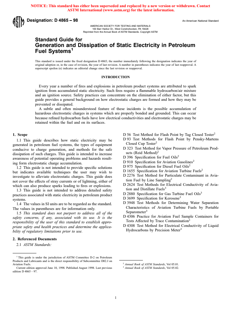 ASTM D4865-98 - Standard Guide for Generation and Dissipation of Static Electricity in Petroleum Fuel Systems