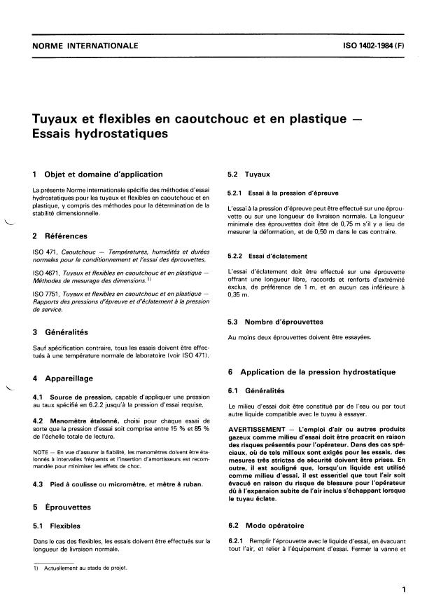 ISO 1402:1984 - Tuyaux et flexibles en caoutchouc et en plastique -- Essais hydrostatiques