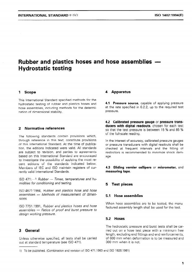 ISO 1402:1994 - Rubber and plastics hoses and hose assemblies -- Hydrostatic testing