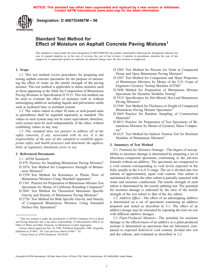 ASTM D4867/D4867M-96 - Standard Test Method for Effect of Moisture on Asphalt Concrete Paving Mixtures