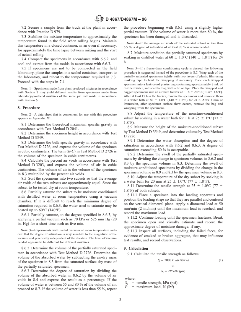 ASTM D4867/D4867M-96 - Standard Test Method for Effect of Moisture on Asphalt Concrete Paving Mixtures