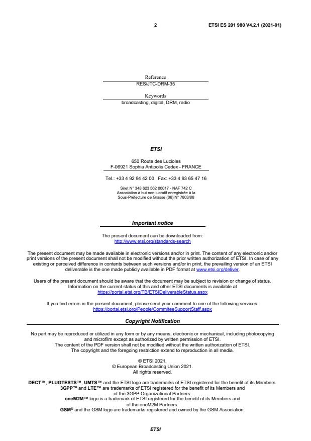 SIST ES 201 980 V4.2.1:2021 ETSI ES 201 980 V4.2.1 (2021-01) - Digital Radio Mondiale (DRM); System Specification - Page 2 preview