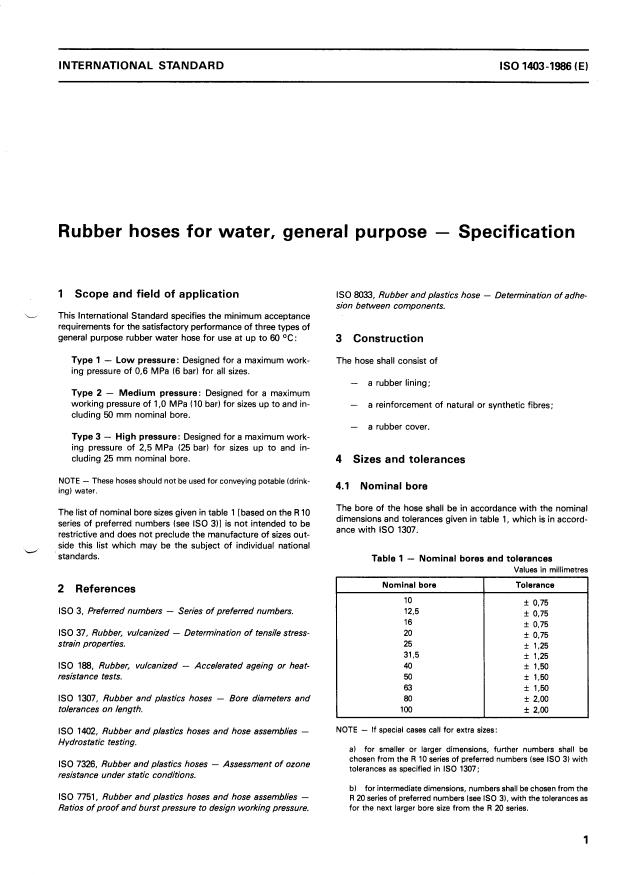 ISO 1403:1986 - Rubber hoses for water, general purpose -- Specification