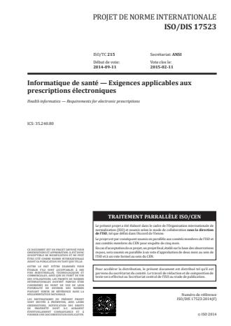 ISO 17523:2016 - Informatique de santé -- Exigences applicables aux prescriptions électroniques