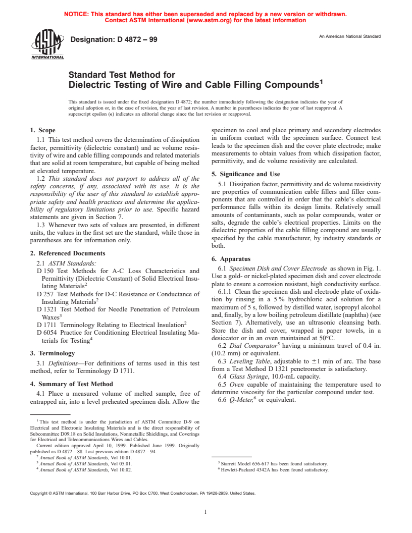 ASTM D4872-99 - Standard Test Method for Dielectric Testing of Wire and Cable Filling Compounds