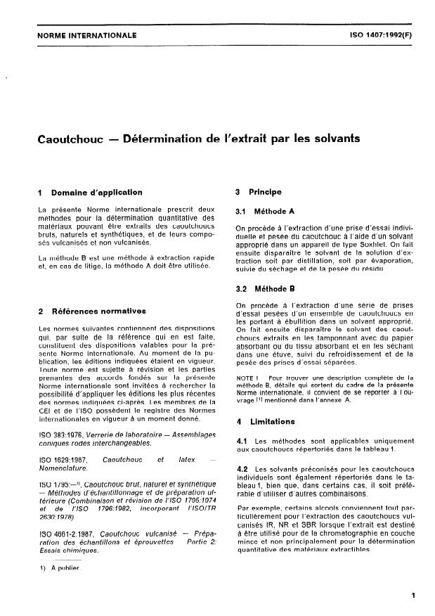 ISO 1407:1992 - Caoutchouc -- Détermination de l'extrait par les solvants