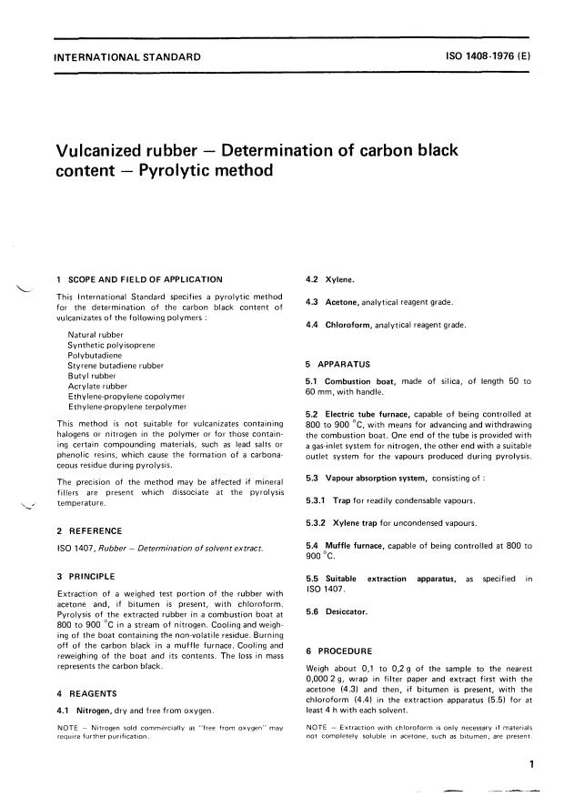 ISO 1408:1976 - Vulcanized rubber -- Determination of carbon black content -- Pyrolytic method