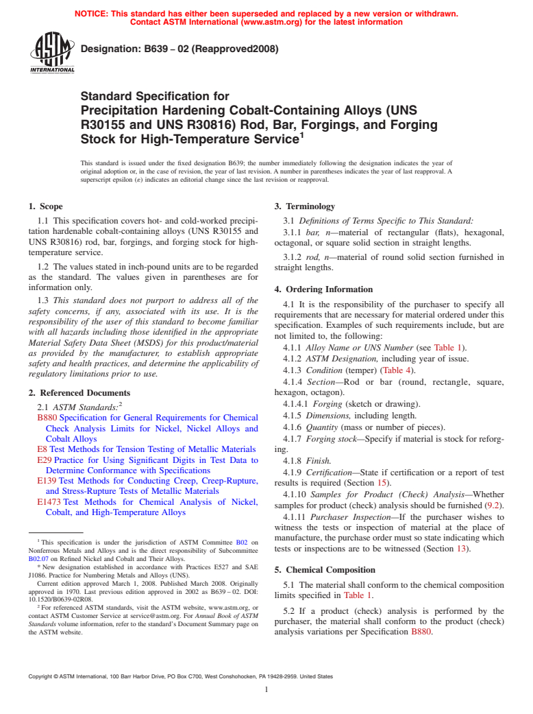 ASTM B639-02(2008) - Standard Specification for  Precipitation Hardening Cobalt-Containing Alloys (UNS R30155 and UNS R30816)    Rod, Bar, Forgings, and Forging Stock for High-Temperature Service