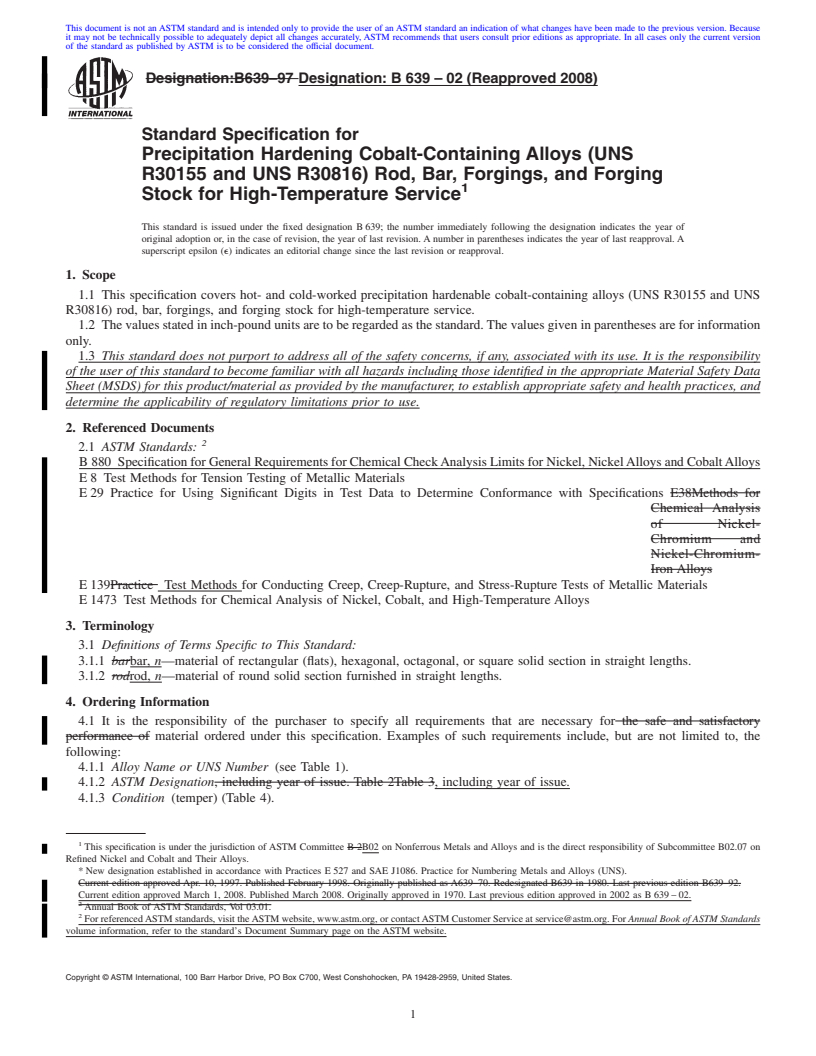 REDLINE ASTM B639-02(2008) - Standard Specification for  Precipitation Hardening Cobalt-Containing Alloys (UNS R30155 and UNS R30816)    Rod, Bar, Forgings, and Forging Stock for High-Temperature Service