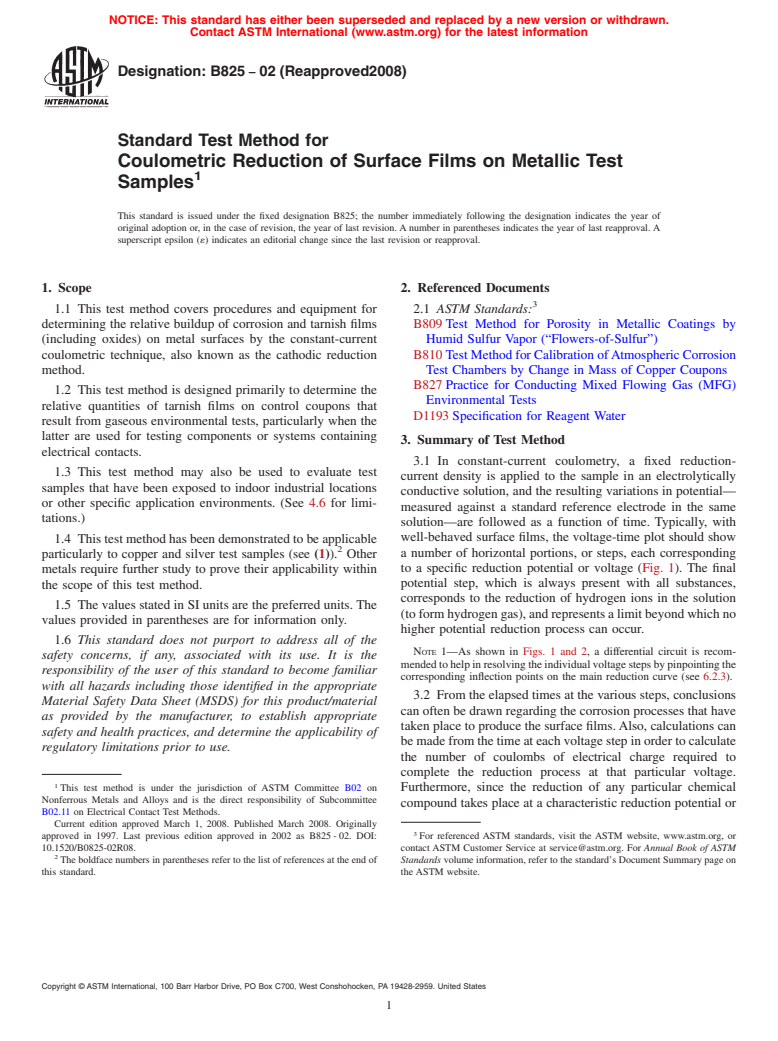 ASTM B825-02(2008) - Standard Test Method for Coulometric Reduction of Surface Films on Metallic Test Samples