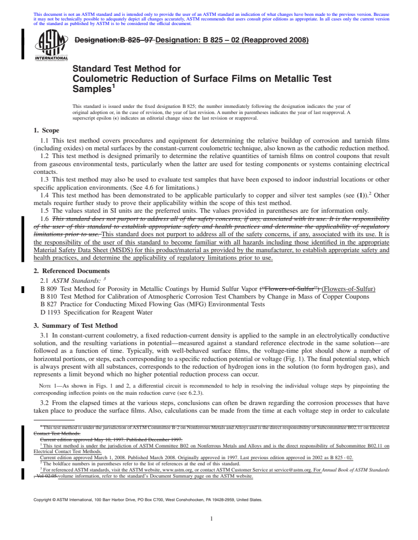 REDLINE ASTM B825-02(2008) - Standard Test Method for Coulometric Reduction of Surface Films on Metallic Test Samples