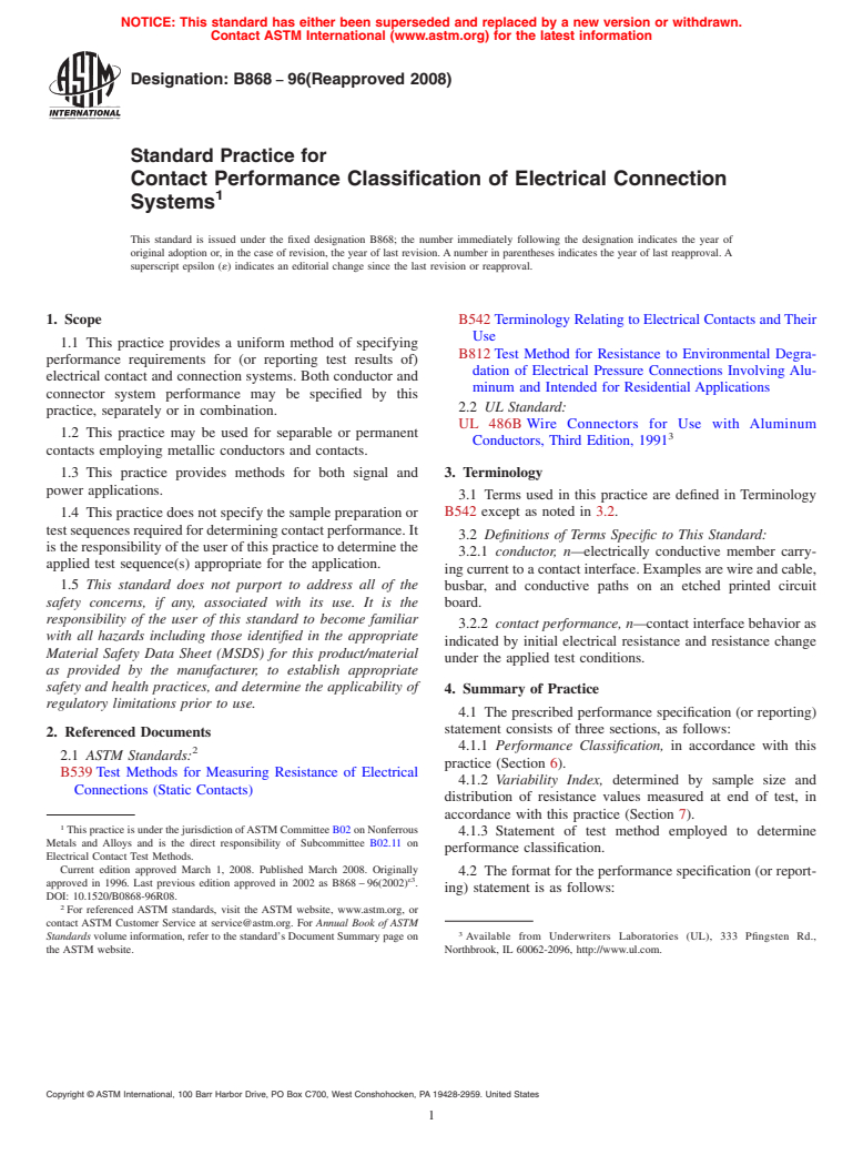 ASTM B868-96(2008) - Standard Practice for  Contact Performance Classification of Electrical Connection Systems