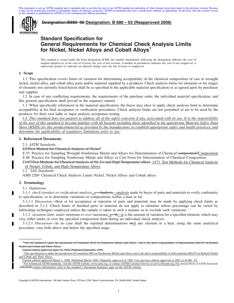 REDLINE ASTM B880-03(2008) - Standard Specification for General Requirements for Chemical Check Analysis Limits for Nickel, Nickel Alloys and Cobalt Alloys