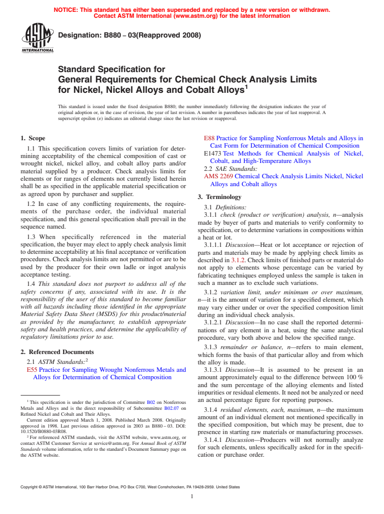 ASTM B880-03(2008) - Standard Specification for General Requirements for Chemical Check Analysis Limits for Nickel, Nickel Alloys and Cobalt Alloys