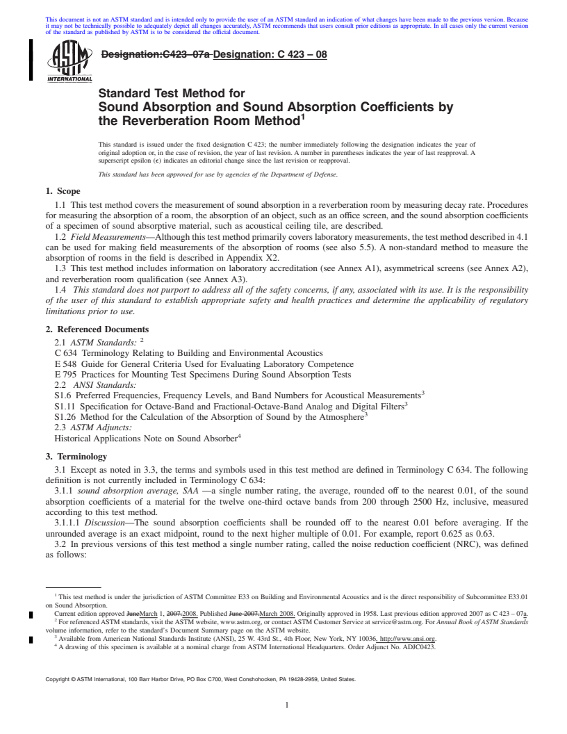 REDLINE ASTM C423-08 - Standard Test Method for  Sound Absorption and Sound Absorption Coefficients by the Reverberation Room Method