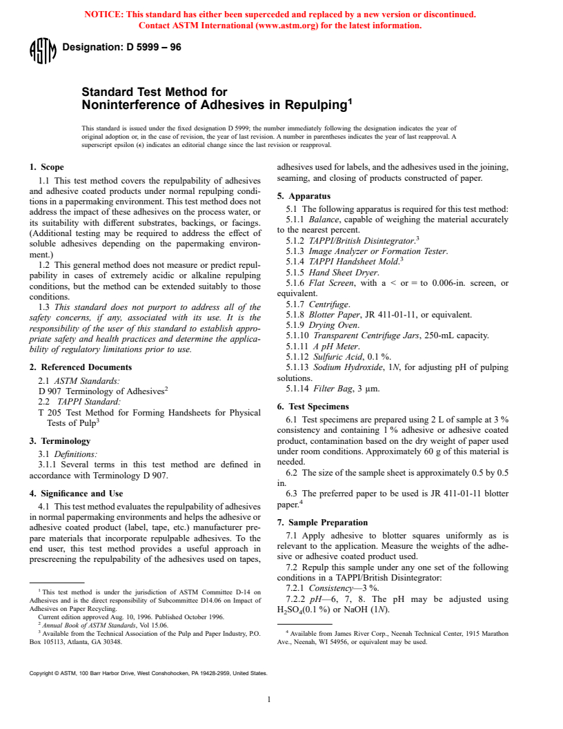 ASTM D5999-96 - Standard Test Method for Noninterference of Adhesives in Repulping (Withdrawn 2003)