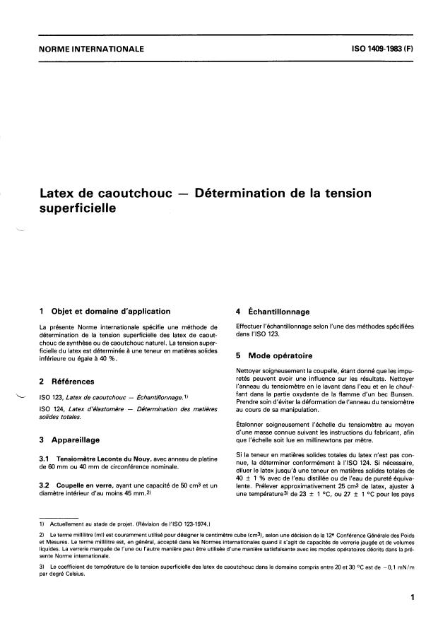 ISO 1409:1983 - Latex de caoutchouc -- Détermination de la tension superficielle