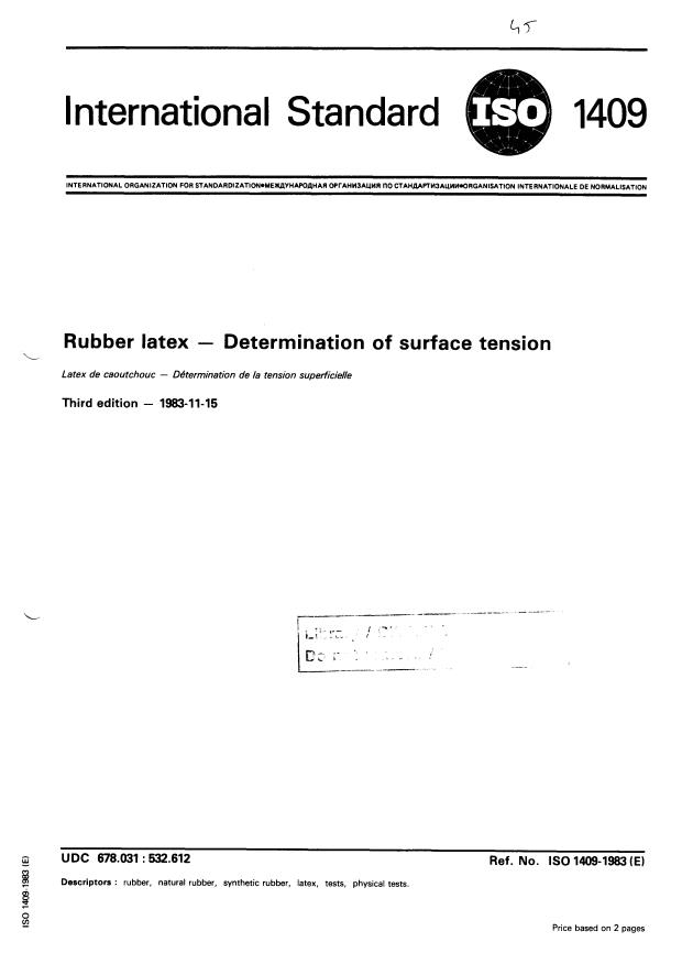 ISO 1409:1983 - Rubber latex -- Determination of surface tension