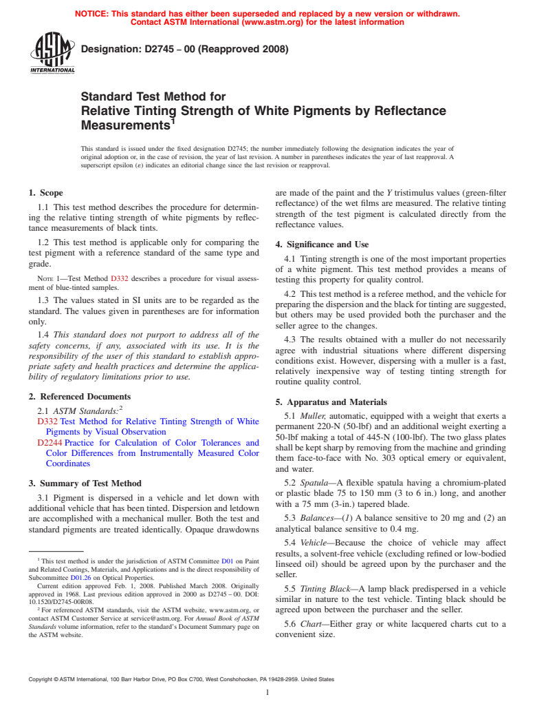 ASTM D2745-00(2008) - Standard Test Method for  Relative Tinting Strength of White Pigments by Reflectance Measurements