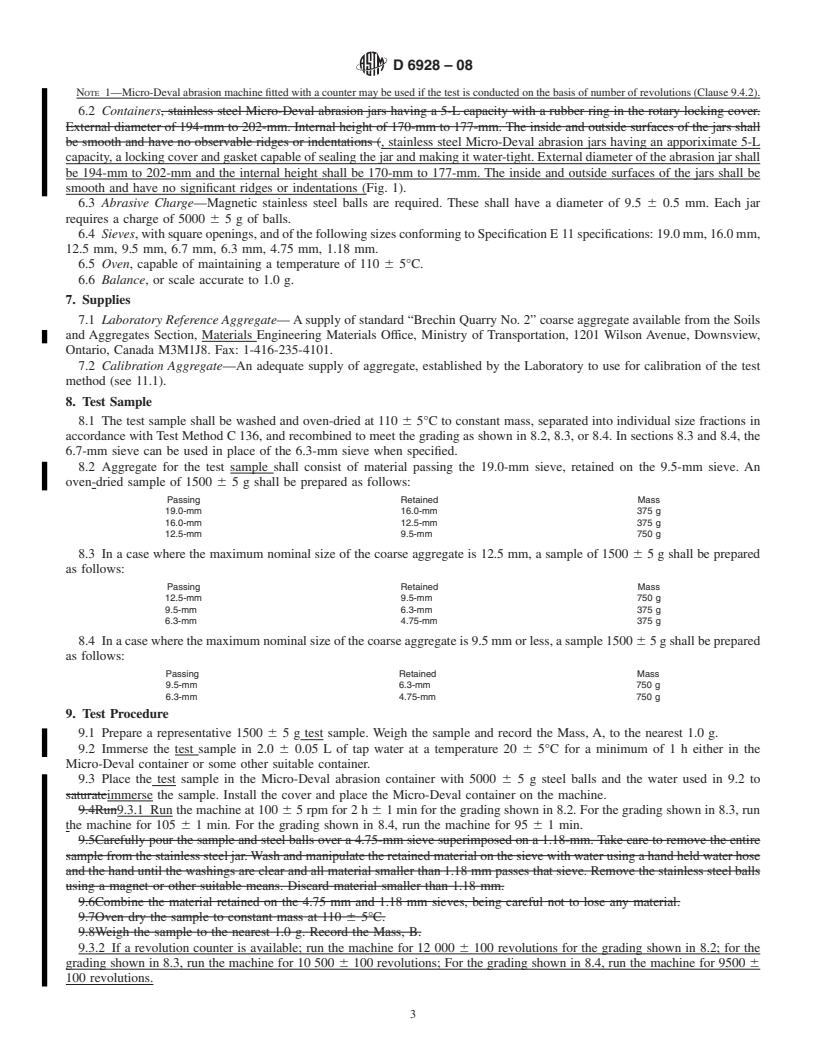 REDLINE ASTM D6928-08 - Standard Test Method for Resistance of Coarse Aggregate to Degradation by Abrasion in the Micro-Deval Apparatus