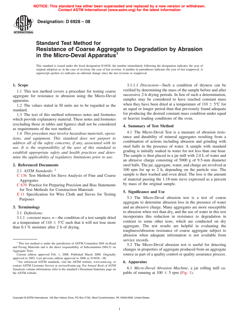 ASTM D6928-08 - Standard Test Method for Resistance of Coarse Aggregate to Degradation by Abrasion in the Micro-Deval Apparatus