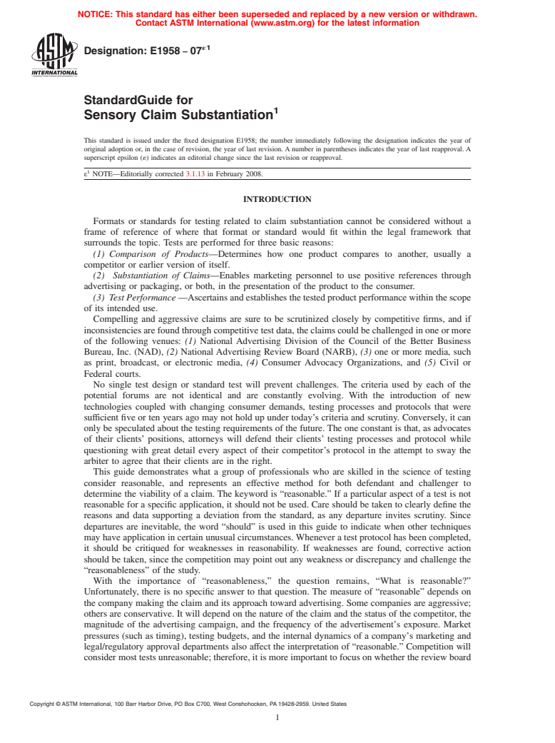 ASTM E1958-07e1 - Standard Guide for Sensory Claim Substantiation