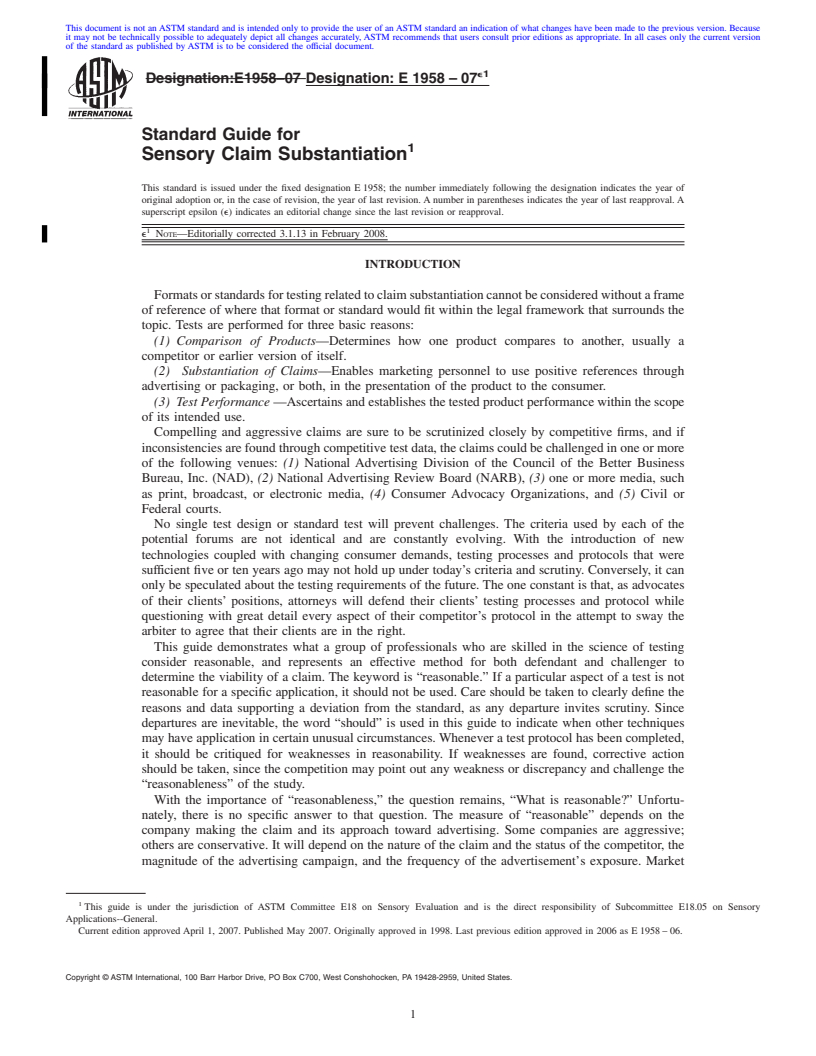 REDLINE ASTM E1958-07e1 - Standard Guide for Sensory Claim Substantiation