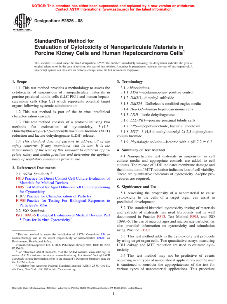 ASTM E2526-08 - Standard Test Method for Evaluation of Cytotoxicity of Nanoparticulate Materials in Porcine Kidney Cells and Human Hepatocarcinoma Cells