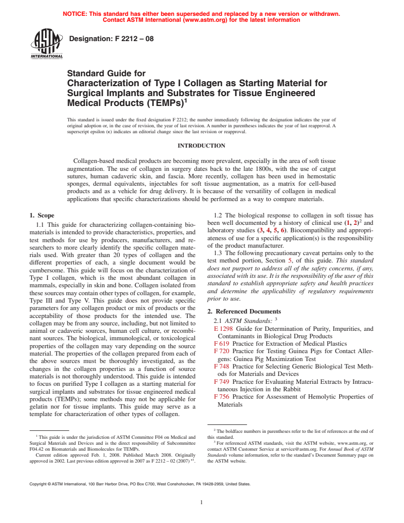 ASTM F2212-08 - Standard Guide for Characterization of Type I Collagen as Starting Material for Surgical Implants and Substrates for Tissue Engineered Medical Products (TEMPs)