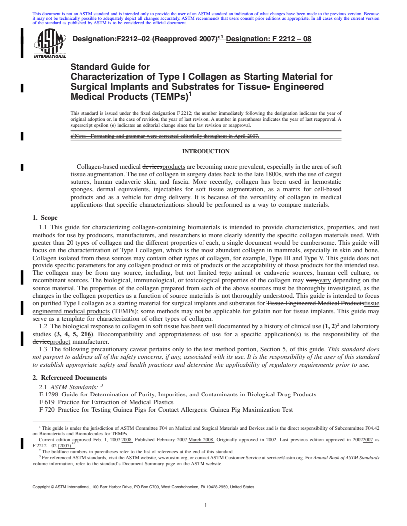 REDLINE ASTM F2212-08 - Standard Guide for Characterization of Type I Collagen as Starting Material for Surgical Implants and Substrates for Tissue Engineered Medical Products (TEMPs)