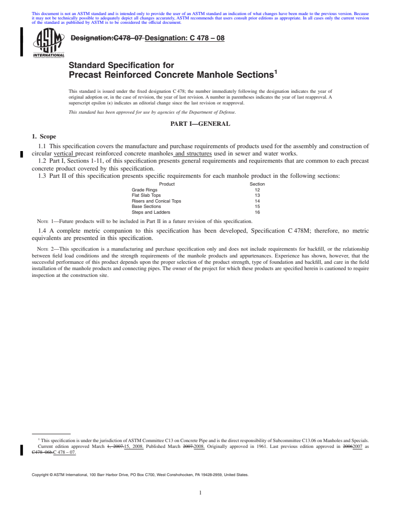 REDLINE ASTM C478-08 - Standard Specification for  Precast Reinforced Concrete Manhole Sections