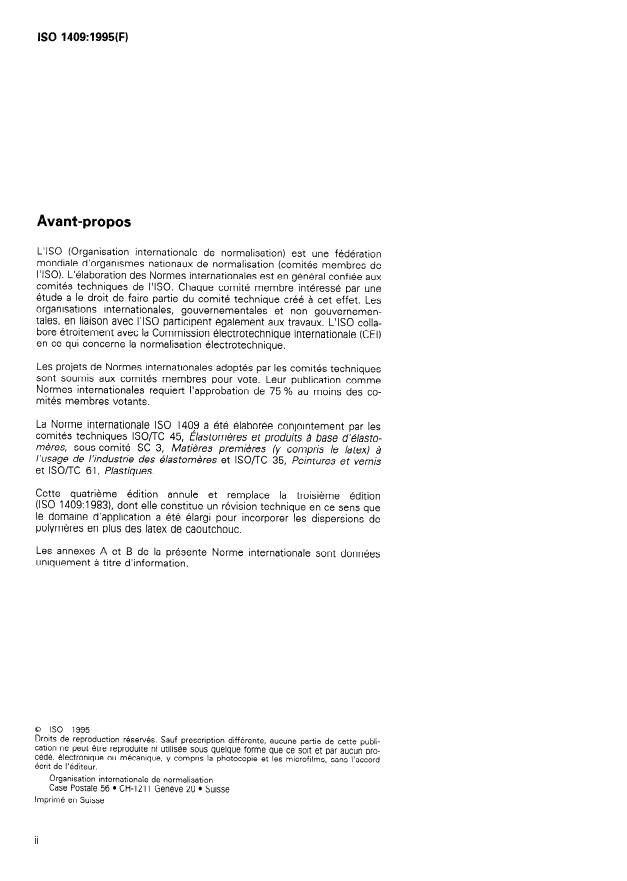 ISO 1409:1995 ISO 1409:1995 - Plastiques/caoutchouc -- Dispersions de polymeres et latex de caoutchouc (naturel et synthétique) -- Détermination de la tension superficielle par la méthode de l'anneau - Page 2 preview