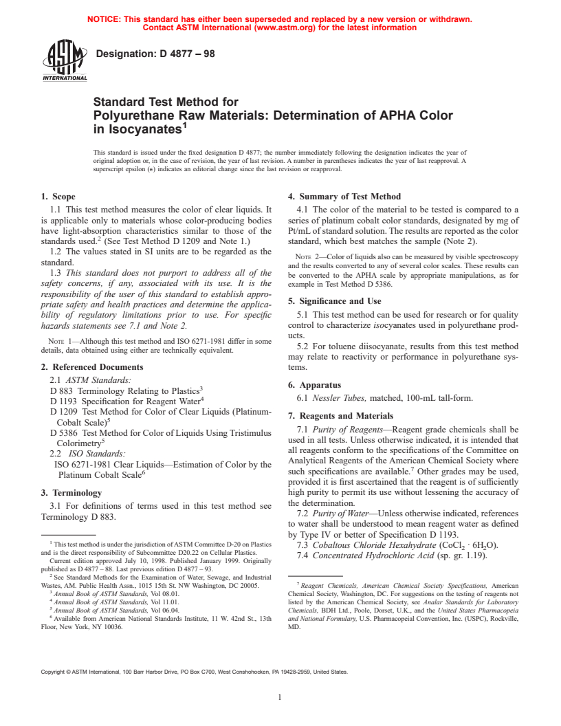 ASTM D4877-98 - Standard Test Method for Polyurethane Raw Materials  Determination of APHA Color in Isocyanates